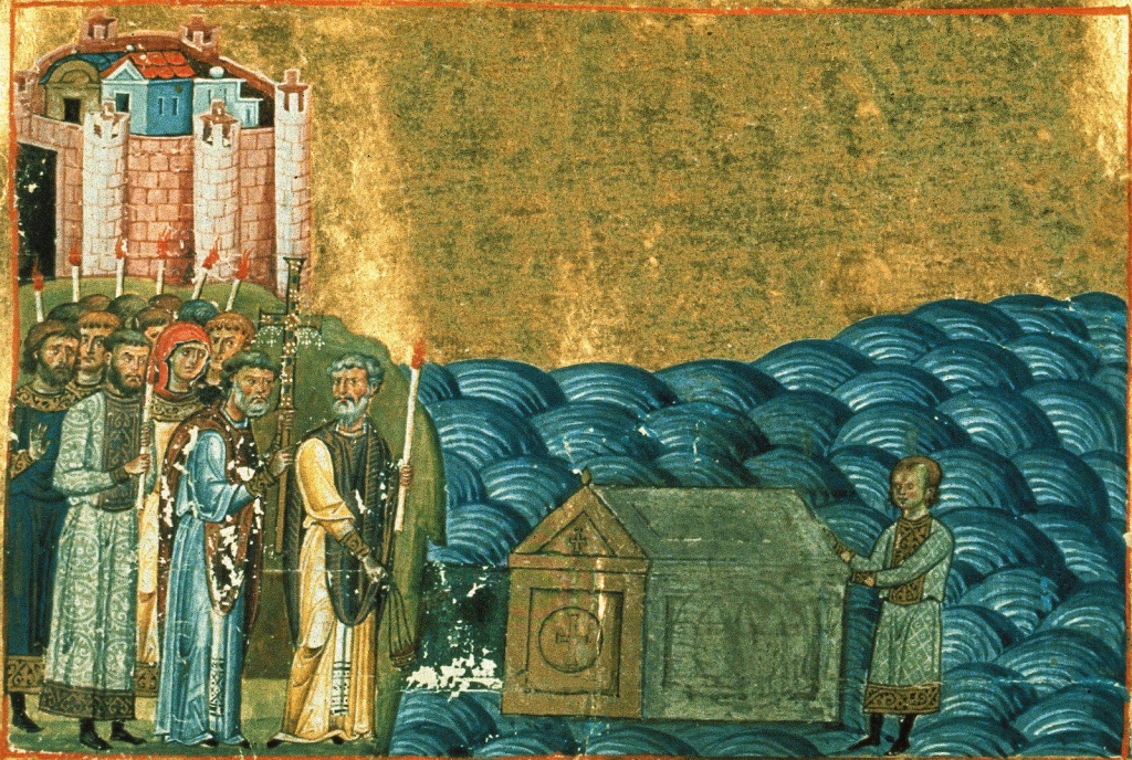 Обретение мощей священномученика Климента, папы Римского близ Херсонеса. Миниатюра из Менология императора Василия II